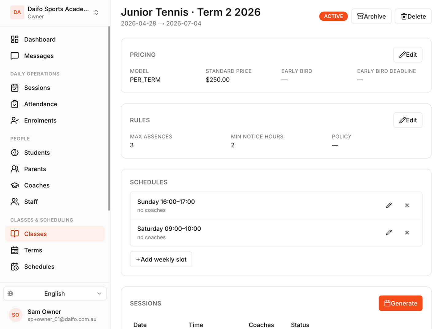 Editing a generated term in SportClass