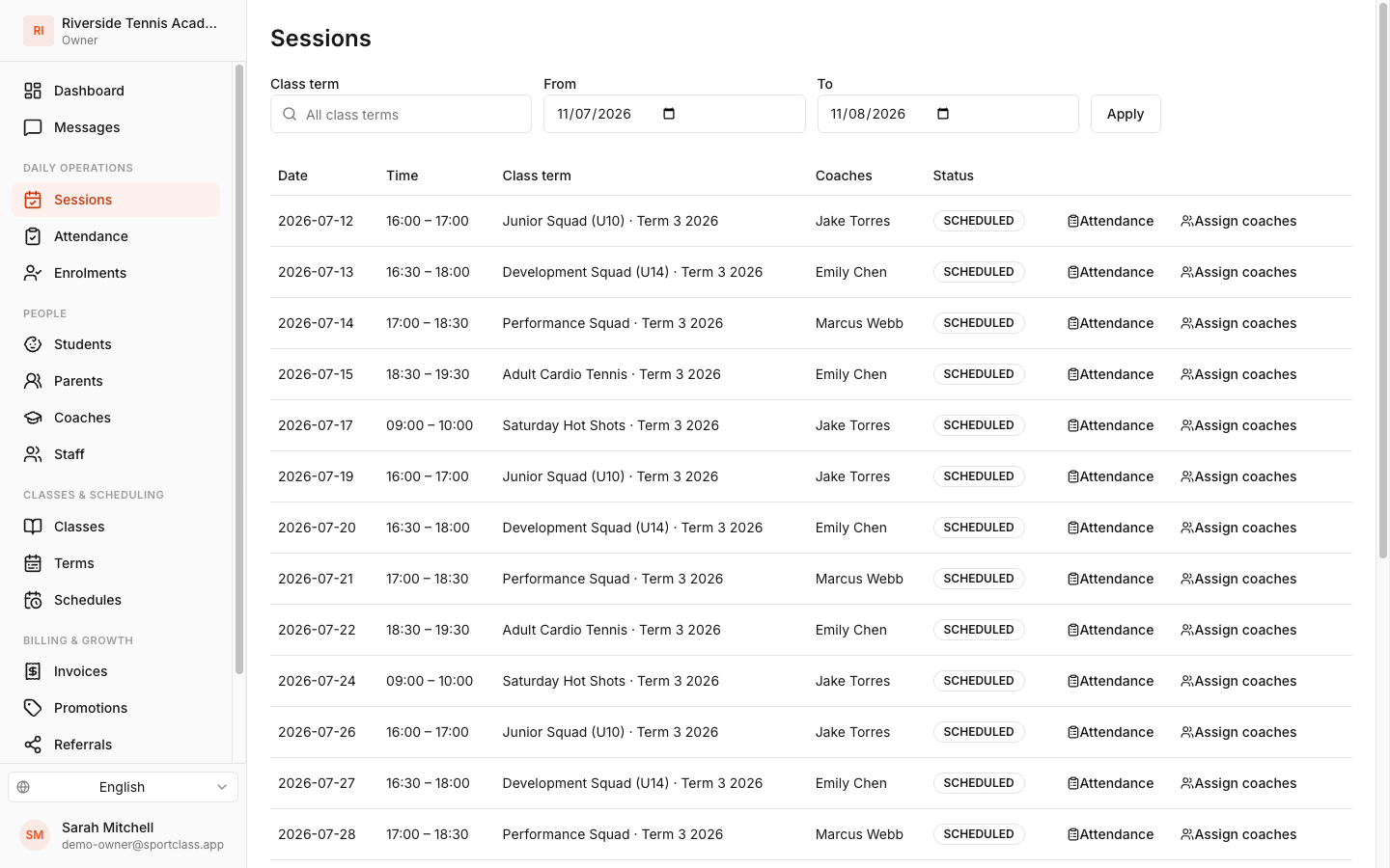 A term of sessions generated automatically in SportClass